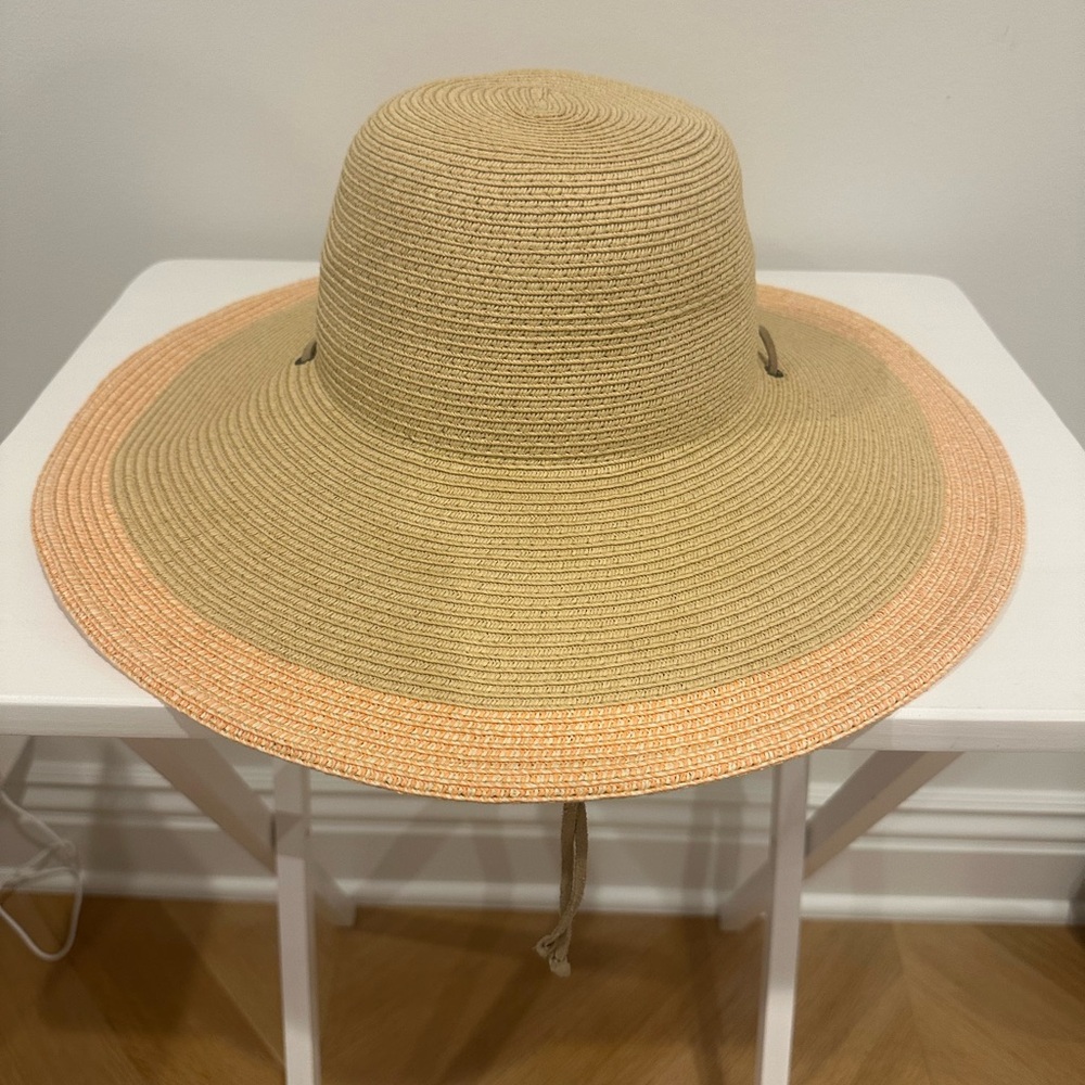 Natural/Light Orange Floppy Sun Hat with Secure Chin Strap.  Size Small